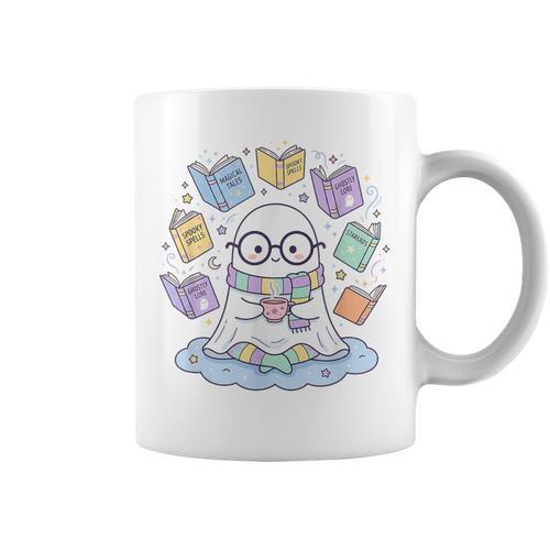 Cute Ghost Reading Books Spooky Magical Tales Witchy Graphic Print Coffee Mug - Bookorys DE