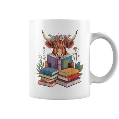 Cute Highland Cow With Book Floral Bookworm Librarian Book Graphic Print Coffee Mug - Bookorys