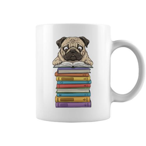 Cute Pug Dog Reading Book On Pile Of Books Graphic Print Coffee Mug - Bookorys UK