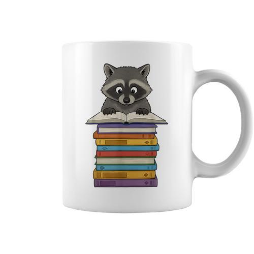 Cute Raccoon Reading On Pile Of Books Graphic Print Coffee Mug - Bookorys