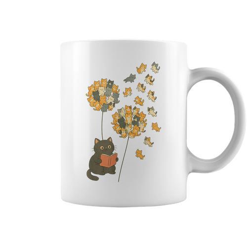 Cute Reading Cat With Kitten Dandelion Flowers Book Lover Graphic Print Coffee Mug - Bookorys AU