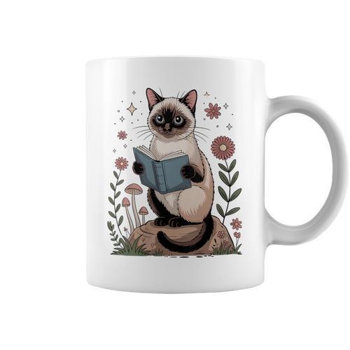 Cute Siamese Cat Reading Book Cottagecore Aestetic Graphic Print Coffee Mug - Bookorys AU