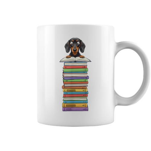 Cute Wiener Dog Dachshund Reading On Pile Of Books Graphic Print Coffee Mug - Bookorys
