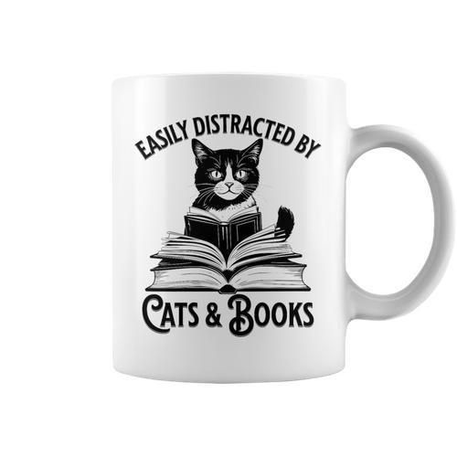 Easily Distracted By Cats And Books Book And Cat Lover Premium Tri-Blend Graphic Print Coffee Mug - Bookorys