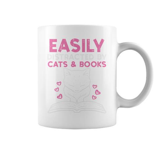 Easily Distracted By Cats Books Bookworm Women Girls Kids Performance Graphic Print Coffee Mug - Bookorys AU