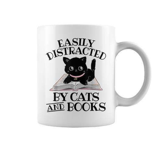 Easily Distracted By Cats And Books Cat Book Lover Graphic Print Coffee Mug - Bookorys AU