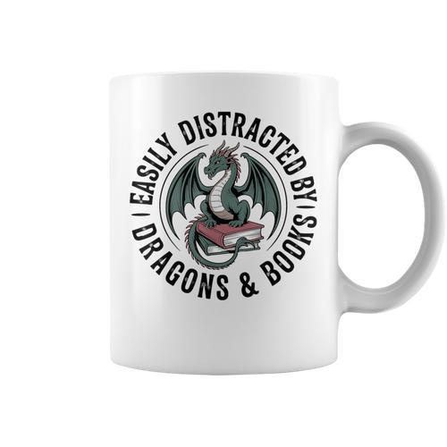 Easily Distracted By Dragons & Books Graphic Print Coffee Mug - Bookorys AU
