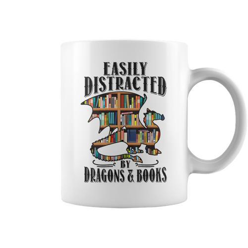 EASILY DISTRACTED BY DRAGONS & BOOKS Medieval Fantasy Reader Graphic Print Coffee Mug - Bookorys