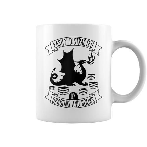 Easily Distracted By Dragons And Books Dragon & Book Raglan Baseball Tee Graphic Print Coffee Mug - Bookorys