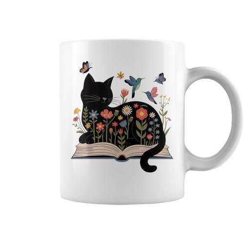 Floral Cat Reading Book Kitten Illustration Graphic Print Coffee Mug - Bookorys AU