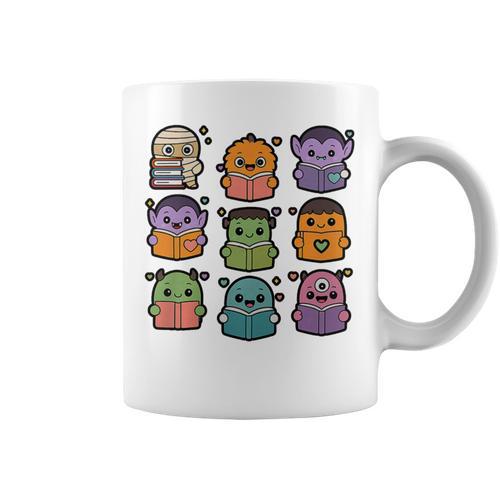Halloween Monsters Reading Books Pattern Spooky Kawaii Anime Premium Tri-Blend Graphic Print Coffee Mug - Bookorys