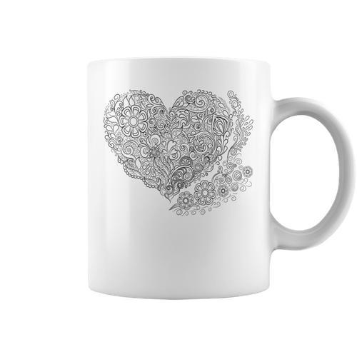 Heart Shaped Adult Coloring Book Style Fashion T Shirt Graphic Print Coffee Mug - Bookorys