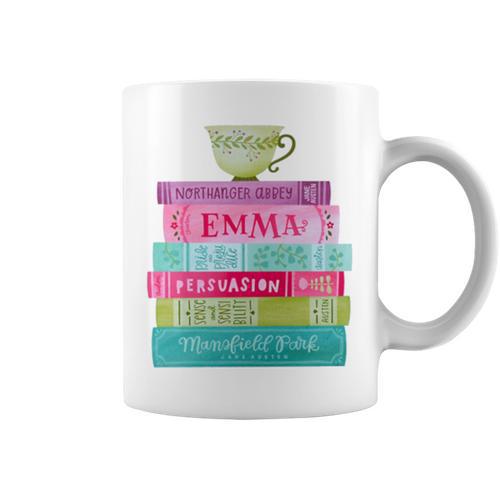 Jane Austen Book Stack Tea Fans Vintage Literary Premium Tri-Blend Graphic Print Coffee Mug - Bookorys UK