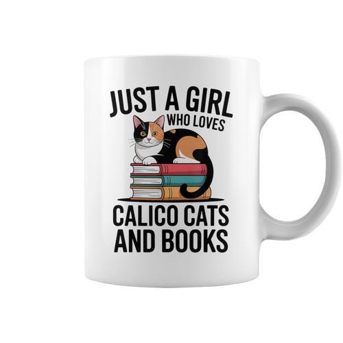 Just A Girl Who Loves Calico Cats And Books Minimal Tee Graphic Print Coffee Mug - Bookorys AU