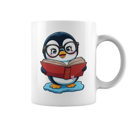 Kawaii Penguin In Cartoon Style With Book And Glasses Graphic Print Coffee Mug - Bookorys DE