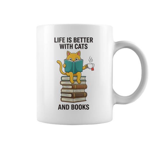 Life Is Better With Cats And Books Cat Graphic Print Coffee Mug - Bookorys UK