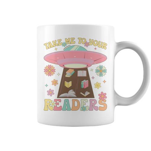Take Me To Your Readers Groovy Book Reader Book Reading Graphic Print Coffee Mug - Bookorys