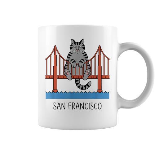 San Francisco Cat Golden Gate Bridge Book Lover Graphic Print Coffee Mug - Bookorys AU