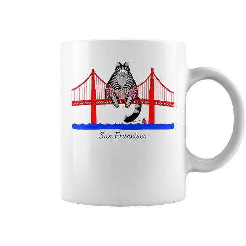 San Francisco Cat Golden Gate Bridge Book Lover Vintage Graphic Print Coffee Mug - Bookorys CA