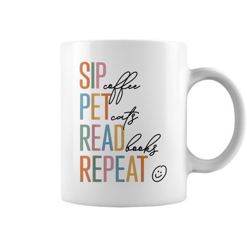 Sip Coffee Pet Cats Read Books Repeat Book Cat Lover Graphic Print Coffee Mug - Bookorys AU