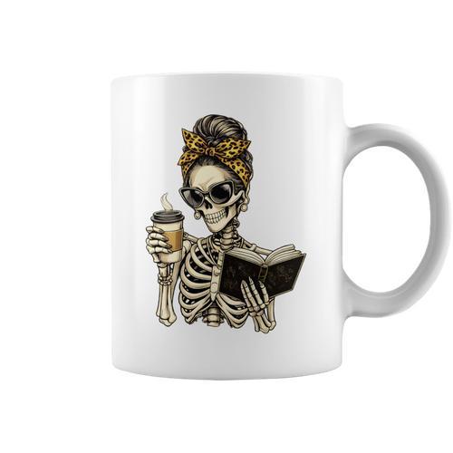 Skeleton Girl Drinking Coffee And Reading Book Graphic Print Coffee Mug - Bookorys CA