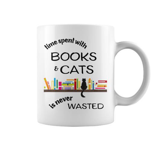 Time Spent With Books & Cats Is Never Wasted Graphic Print Coffee Mug - Bookorys AU