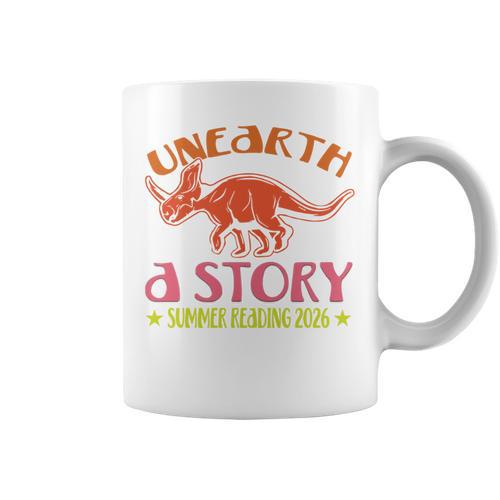 Unearth a Story Summer Reading 2026 Triceratops Dino Book Graphic Print Coffee Mug - Bookorys