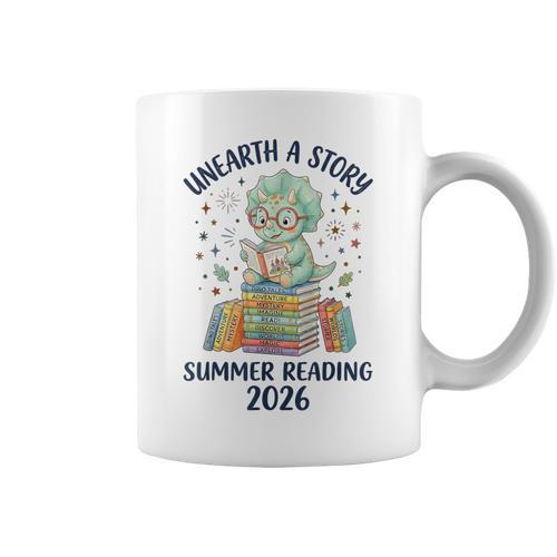 Unearth a Story Triceratops Dinosaur Reading Books Cute Dino Graphic Print Coffee Mug - Bookorys