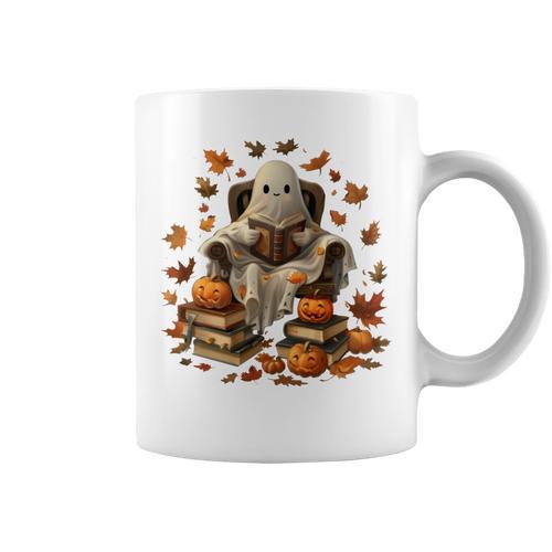 Vintage Ghost Book Reading Pumpkin Gothic Halloween Teachers Graphic Print Coffee Mug - Bookorys