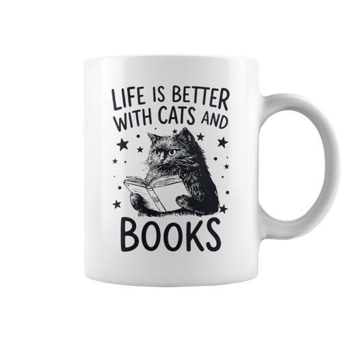 Women's Life Is Better With Cats And Books Cat Graphic Print Coffee Mug - Bookorys UK