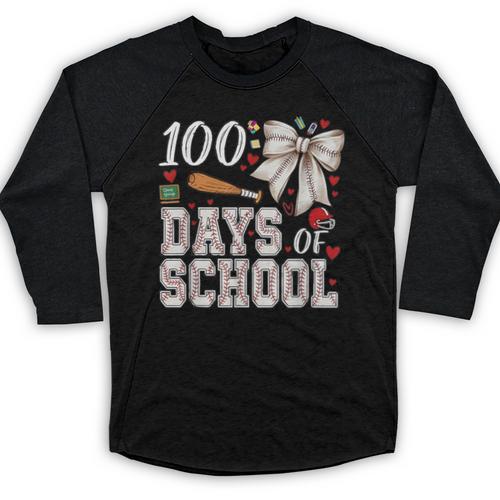 100 Days Of School Baseball 100th Day Of School Coquette Bow Baseball Raglan Shirt - Sportilla