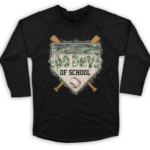100 Days Of School Home Plate Camo Baseball Dripping Boys Baseball Raglan Shirt - Sportilla