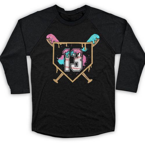 13th Birthday Baseball Bat Ice-Cream Drip 13yrs Old Boy Kid Baseball Raglan Shirt - Sportilla