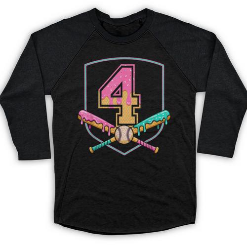 4th Birthday Baseball Bat Ice-Cream Drip 4yrs Old Boys Girls Baseball Raglan Shirt - Sportilla