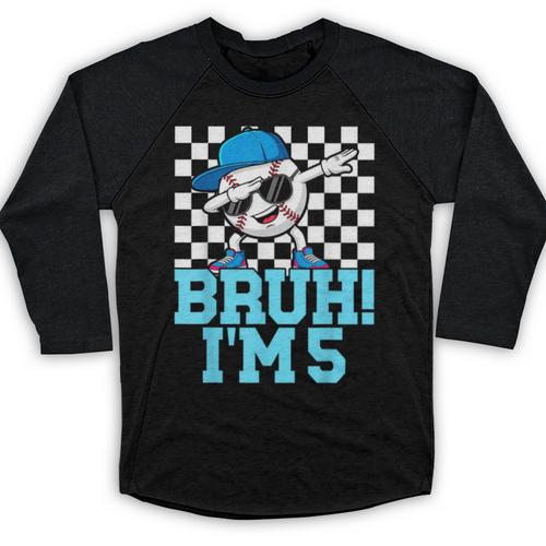 5th Birthday Dabbing Baseball Boys Bruh I'm 5 Year Old Baseball Raglan Shirt - Sportilla