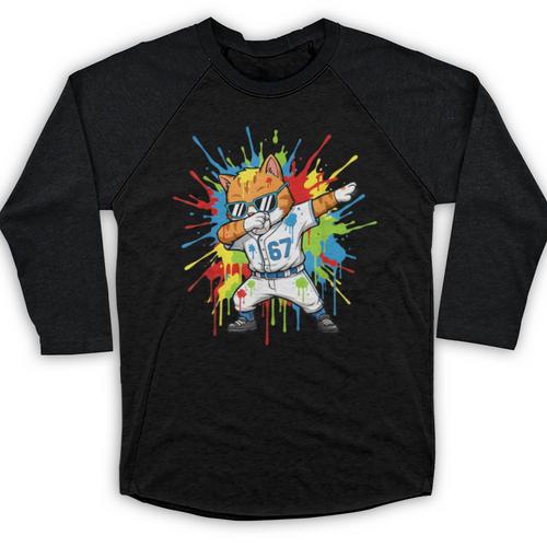 67 Baseball Dabbing Cat 6 7 Dripping Ice Cream Meme Baseball Raglan Shirt - Sportilla