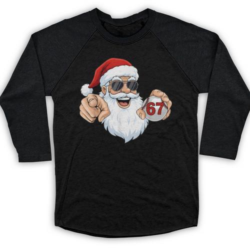 67 Baseball Santa Six Seven Meme Christmas Men Women Kids Baseball Raglan Shirt - Sportilla