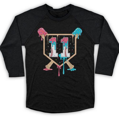 Baseball 11 Year Old Ice Cream Drip 11th Birthday Boy Player Baseball Raglan Shirt - Sportilla