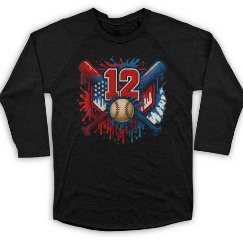 Baseball 12 Year Old Splash Drip 12th Birthday Boy Number 12 Baseball Raglan Shirt - Sportilla