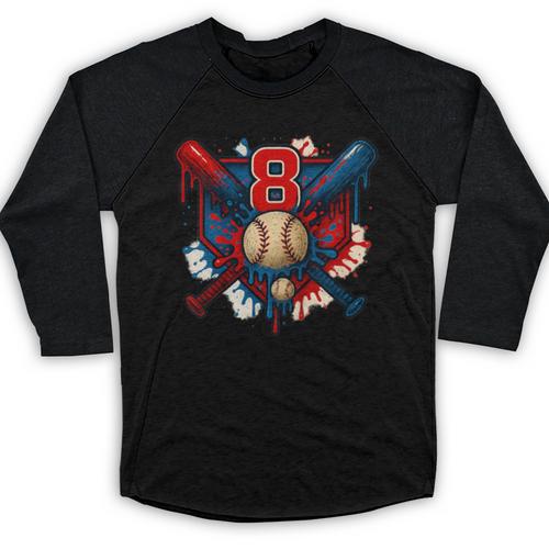 Baseball 8 Year Old Splash Drip 8th Birthday Boy Number 8 Baseball Raglan Shirt - Sportilla