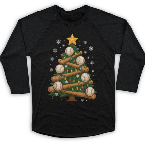 Baseball Bat Christmas Tree Lights Holiday Xmas Baseball Raglan Shirt - Sportilla
