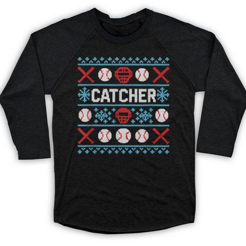 Baseball Catcher Ugly Christmas Sweater Pattern Sports Xmas Baseball Raglan Shirt - Sportilla