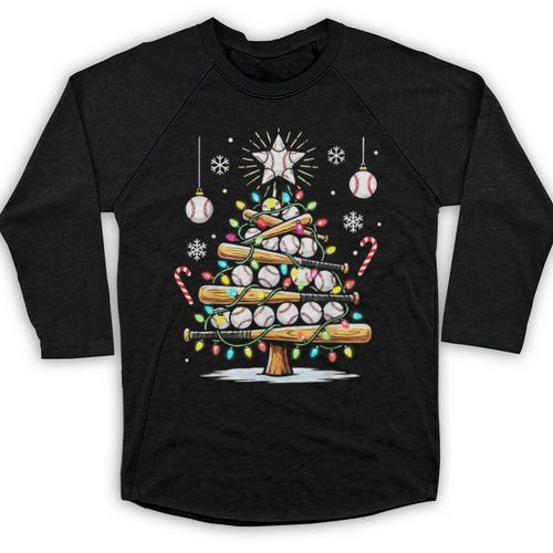 Baseball Christmas Tree Lights Baseball Raglan Shirt - Sportilla