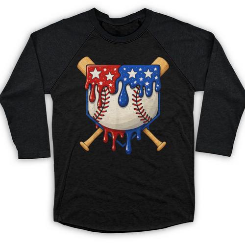 Baseball Drip American Flag Home Plate 4th Of July Patriotic Baseball Raglan Shirt - Sportilla