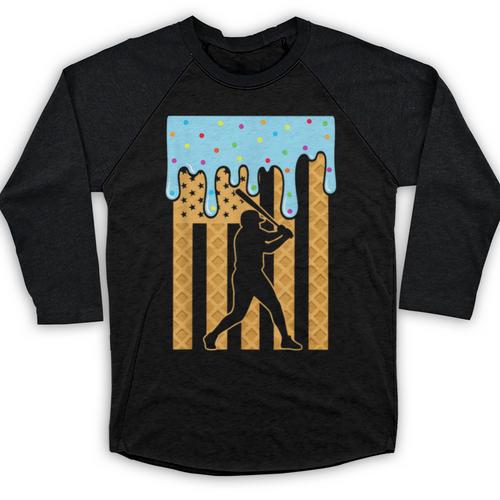 Baseball Drip Dripping Ice Cream Sport Player American Flag Baseball Raglan Shirt - Sportilla