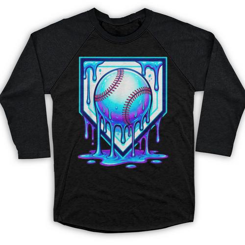 Baseball Drip Ice Cream Blue Glow Melt Ball Graphic Baseball Raglan Shirt - Sportilla