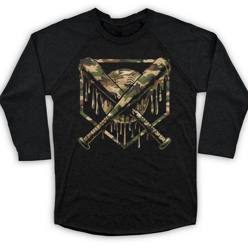 Baseball Drip Ice Cream Camo Home Plate Bats Sports Game Day Baseball Raglan Shirt - Sportilla