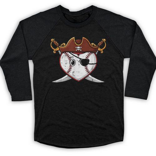 Baseball Heart Pirate Hat Crossed Swords Men Boys Kids Youth Baseball Raglan Shirt - Sportilla