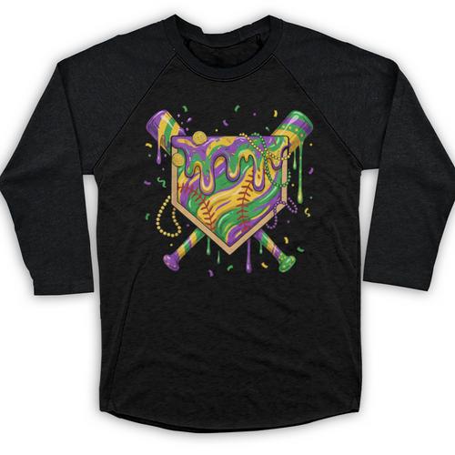 Baseball Mardi Gras Home Plate Ice Cream Drip Carnival Mask Baseball Raglan Shirt - Sportilla
