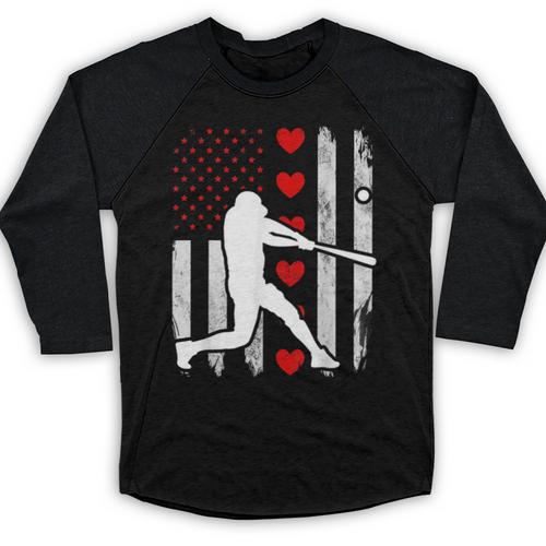 Baseball Silhouette Heart USA Flag Hearts American Boys Kids Baseball Raglan Shirt - Sportilla